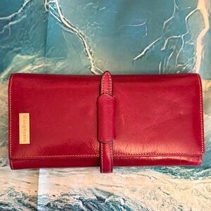 Borgasets Deep Red Leather Foldover Wallet with Strap Closure